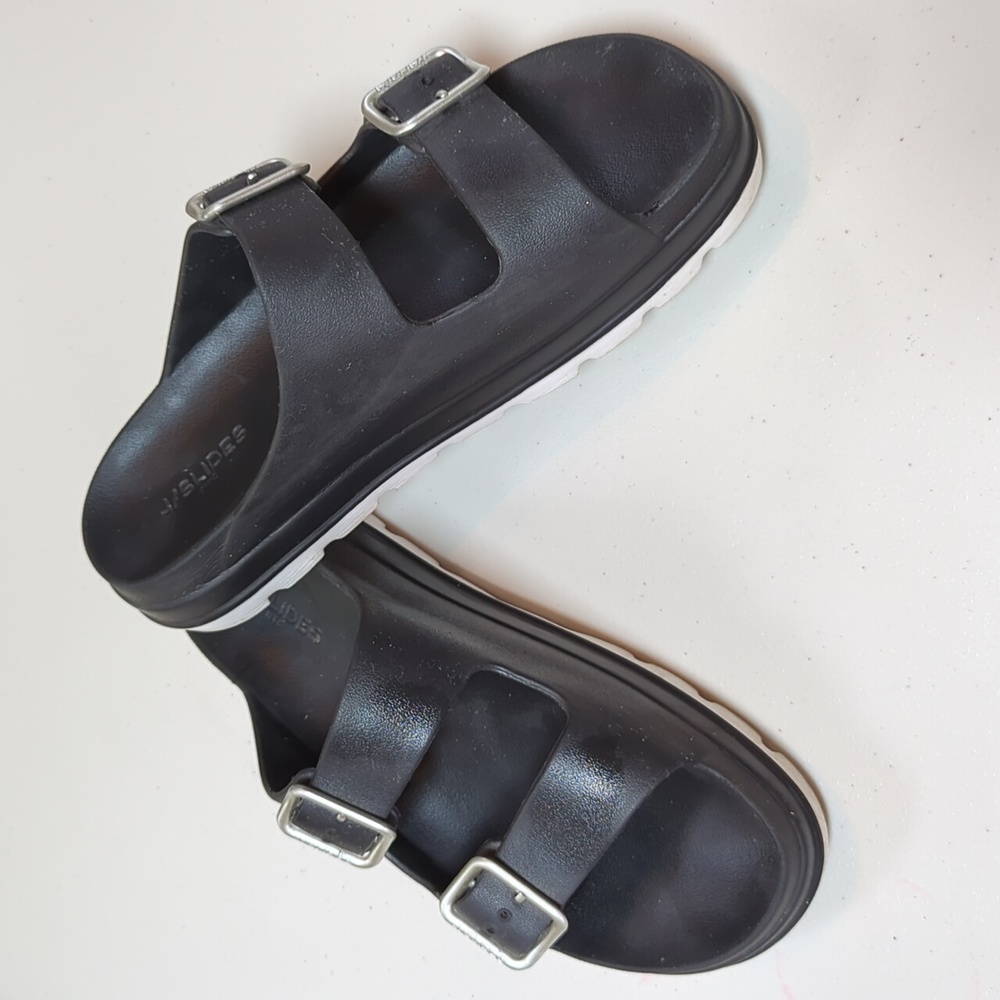 J/Slides, Black EVA two buckle platform sandals. Sz 11